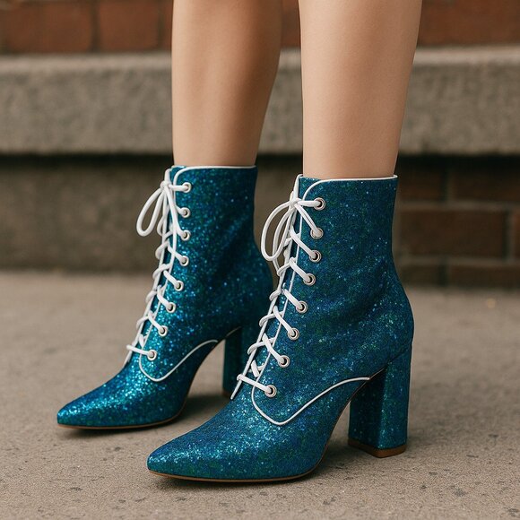 CAPE ROBBIN | Galaxy Glitter Blue Laced Mid Calf Heels - Picture 1 of 9